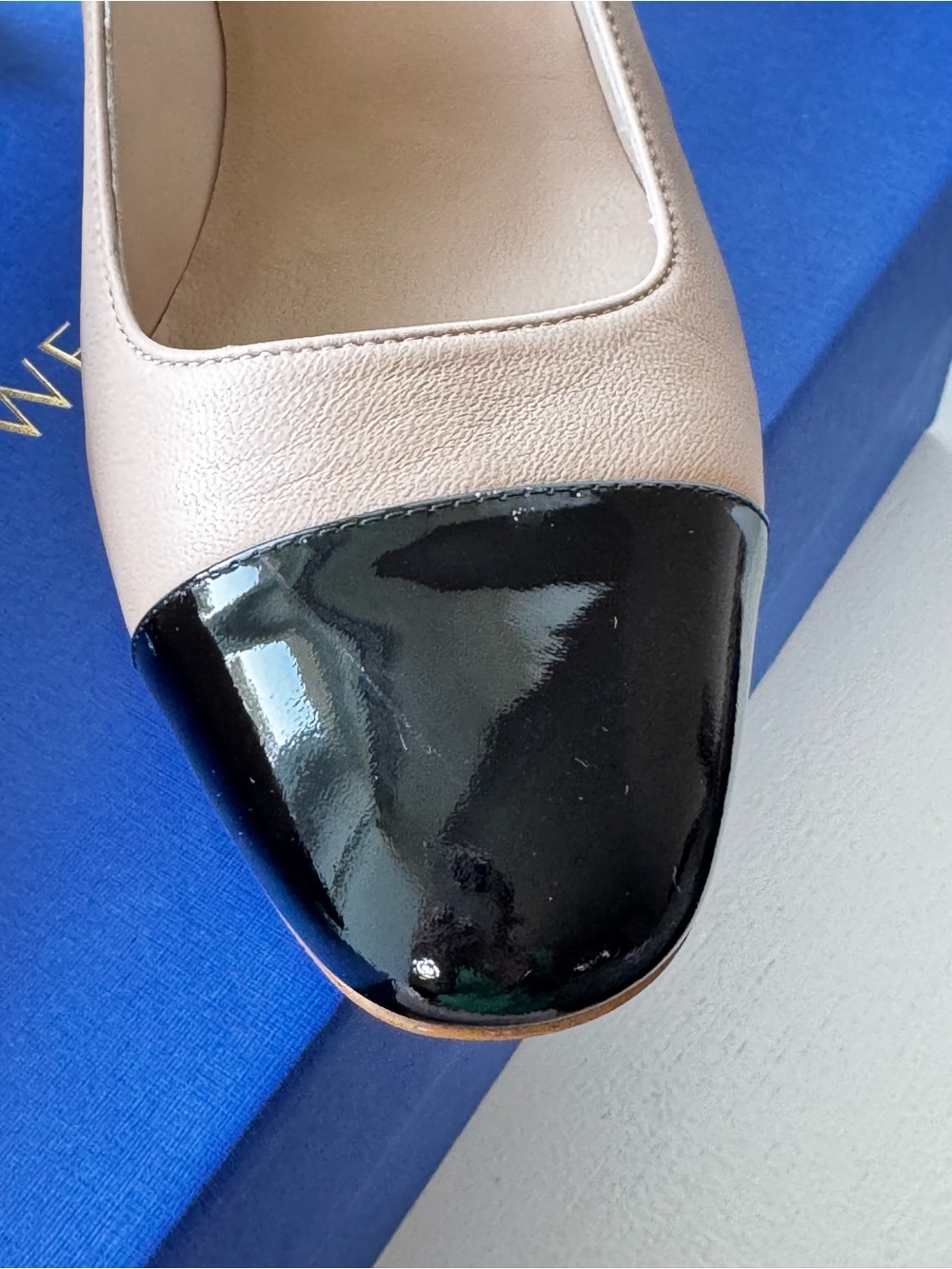 Stuart Weitzman Golden Beige Pumps with Black Patent Cap Toe - Picture 7 of 9